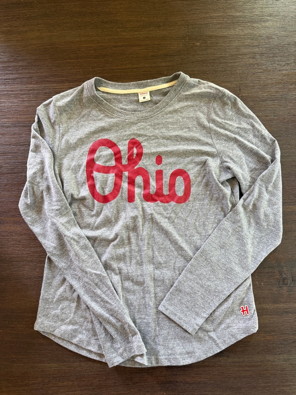 homage women’s script Ohio long sleeve tshirt